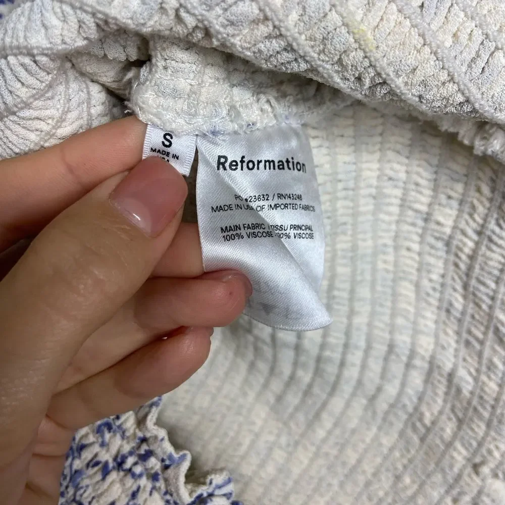 Reformation Pinto Top White Blue Blouse Long Sleeve Floral Size S